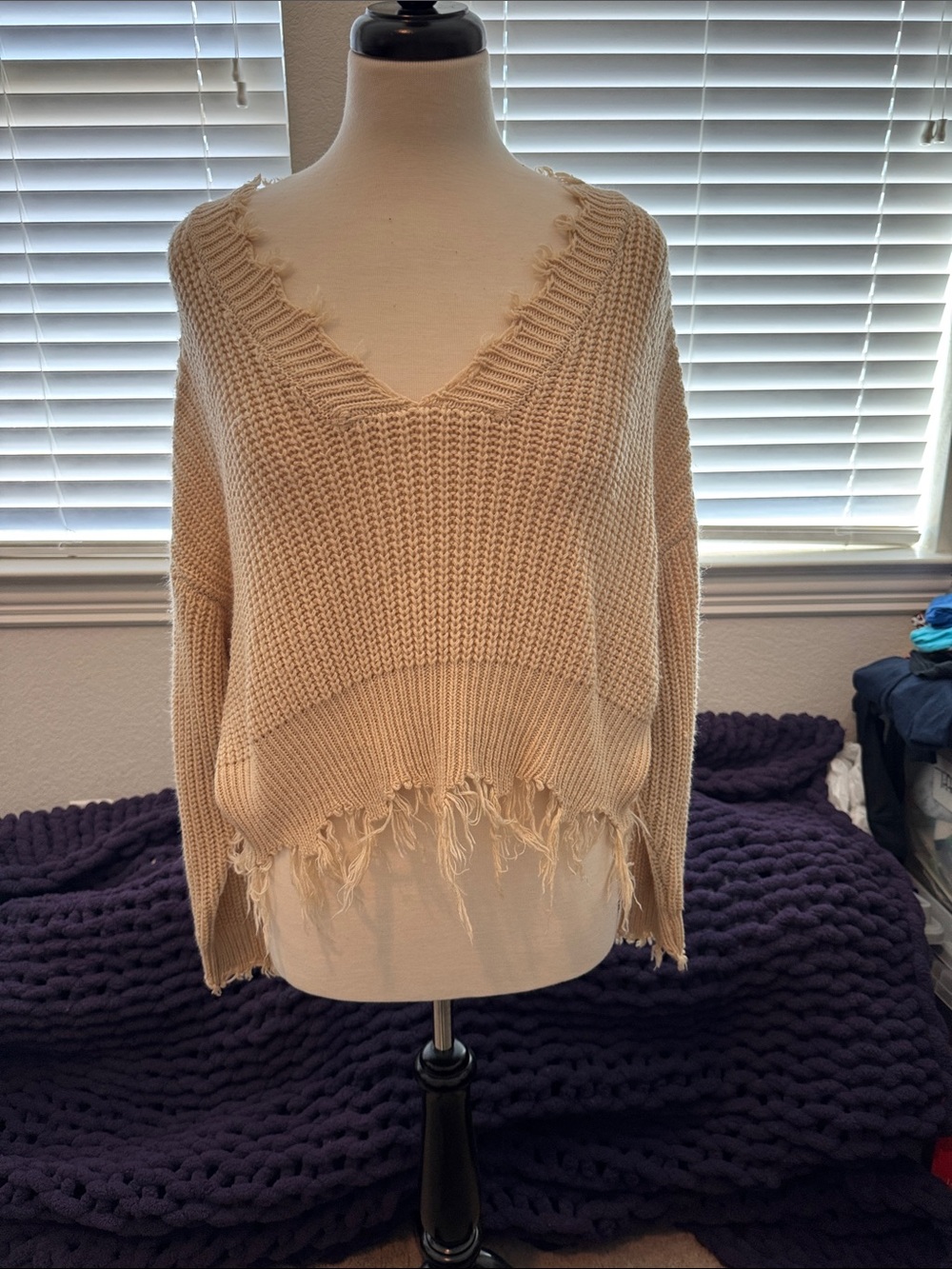 Relaxed V-Neck Distressed Knit Sweater — Cream